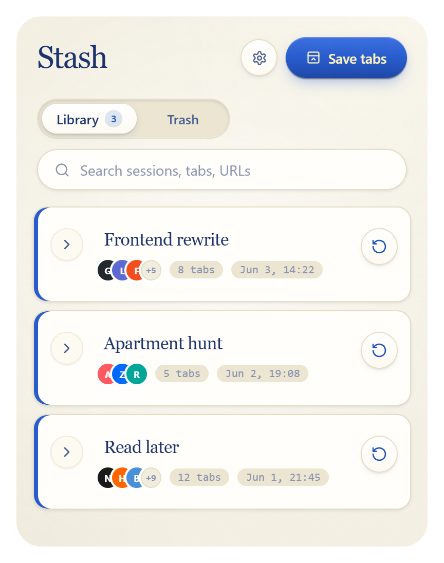 Stash popup showing saved tab sessions